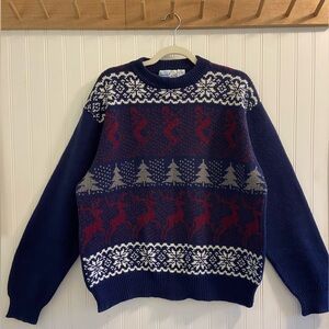 Vintage Snowdrift Ski Sweater Reindeer Pine Tree Snowflake Blue White Red XL